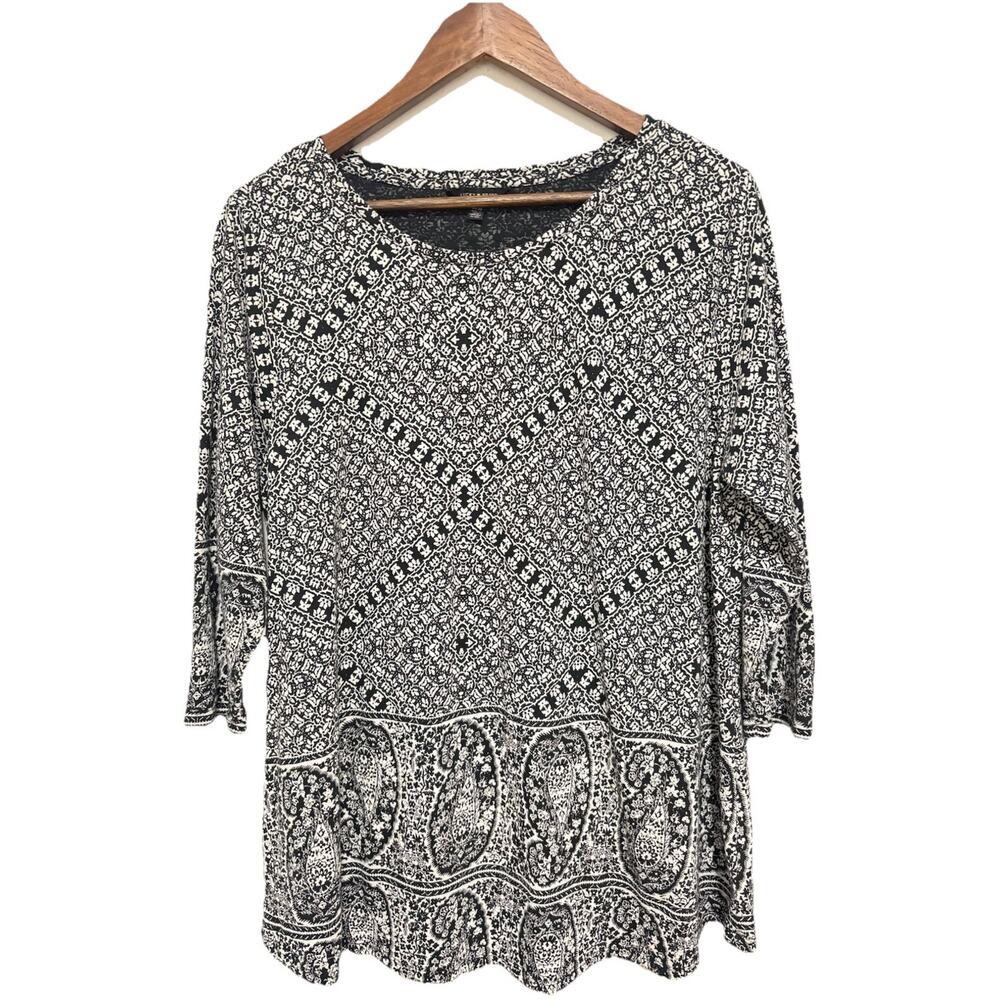 Lucky Brand 1X Black White Paisley Tunic Top Boho 3/4 Sleeve Cotton Modal Plus